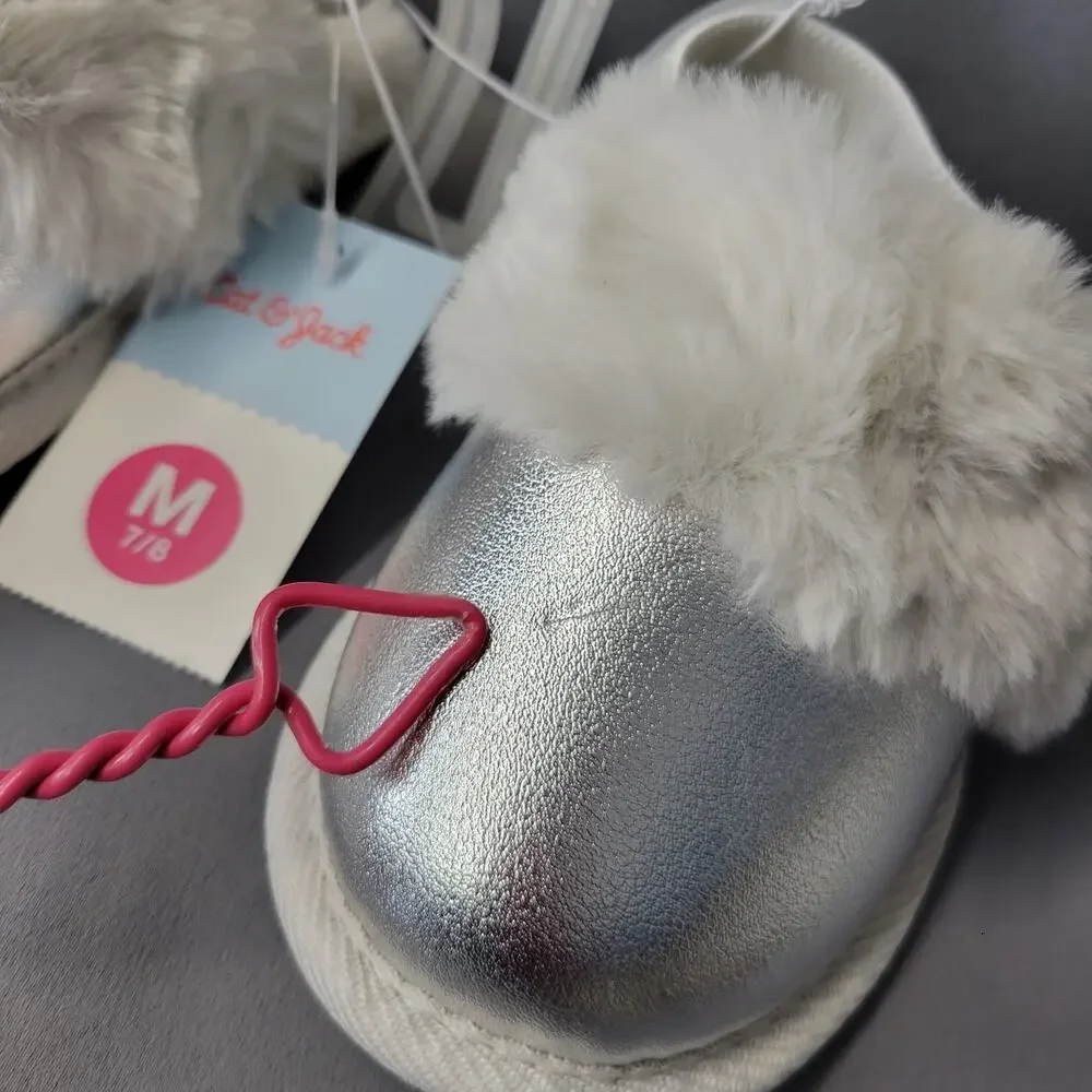 Cat & Jack Slippers Youth Girls M 7/8 Lila Scuff Puff Silver Fax Fur Soft New